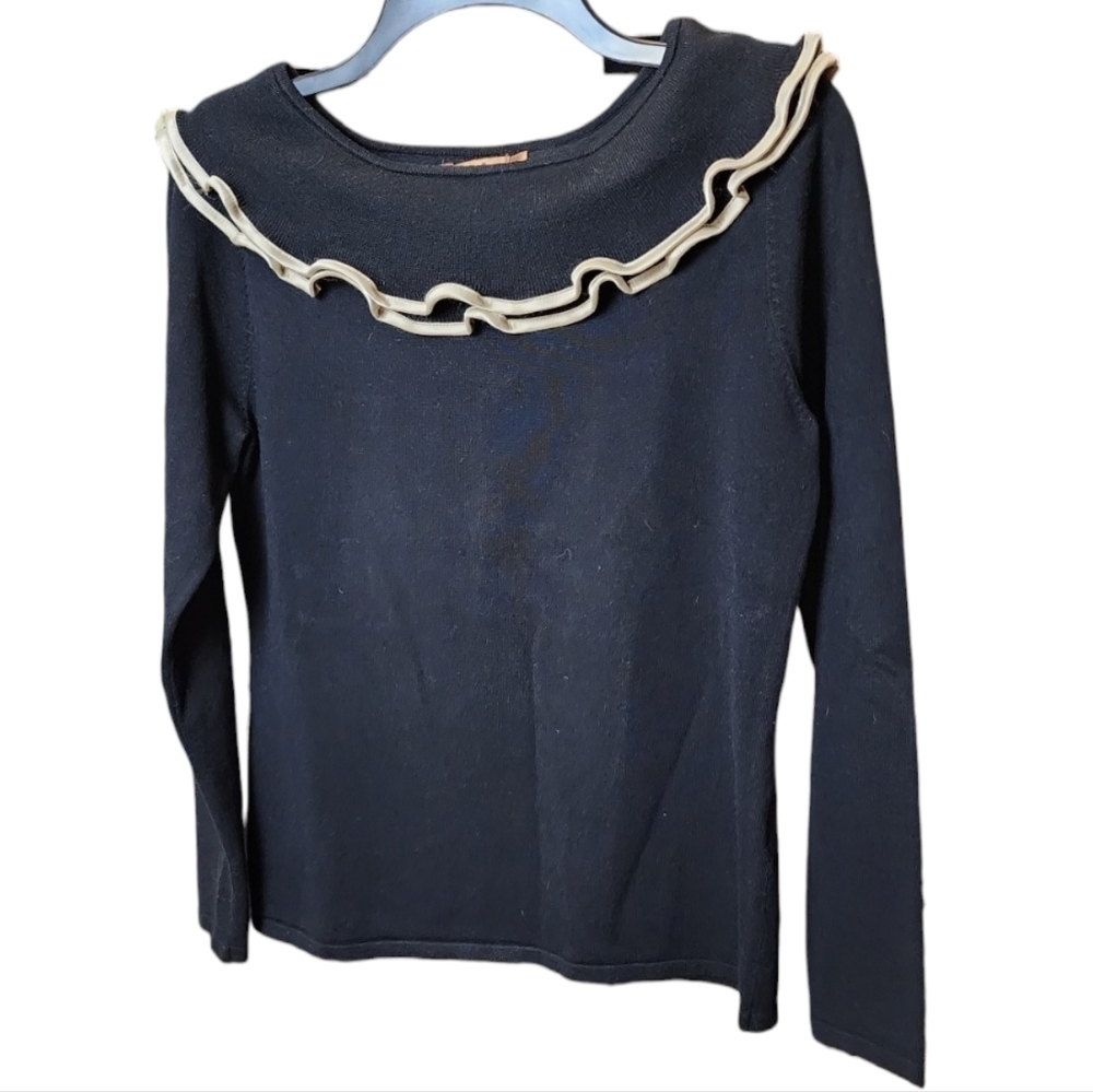 Belldini Black Knit Sweater With Cream Colored Satin Trimmed Ruffle, Size Small